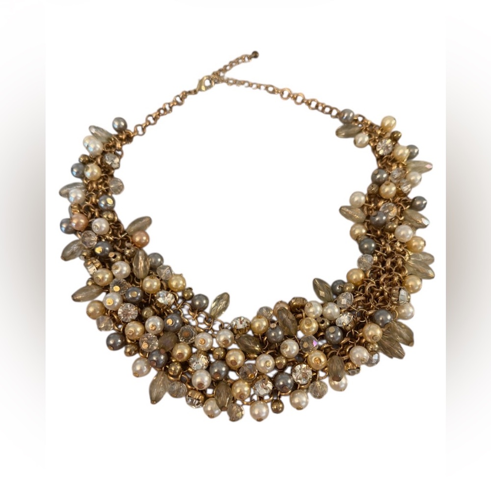 #627 Layered Mixed Pearl & Crystal Cluster Gold Tone Statement Necklace